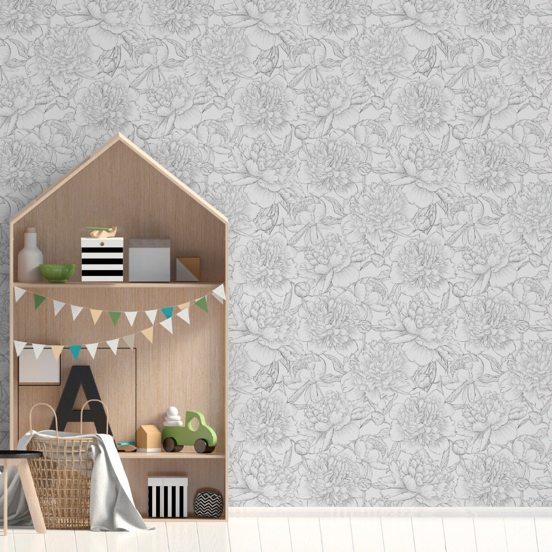 black and white peonies - house rules wallpaper in a playroom - Pickawall
