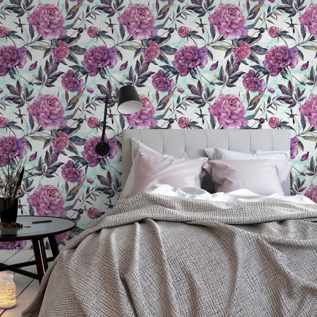 Watercolour Pink Peonies with blue background wallpaper in a bedroom - Pickawall