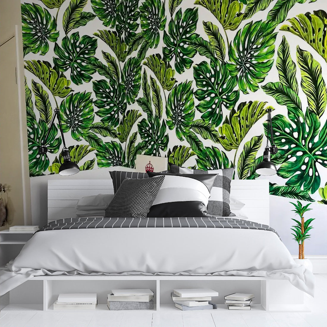 Tropical Leaf Laundry wallpaper in a bedroom - Pickawall