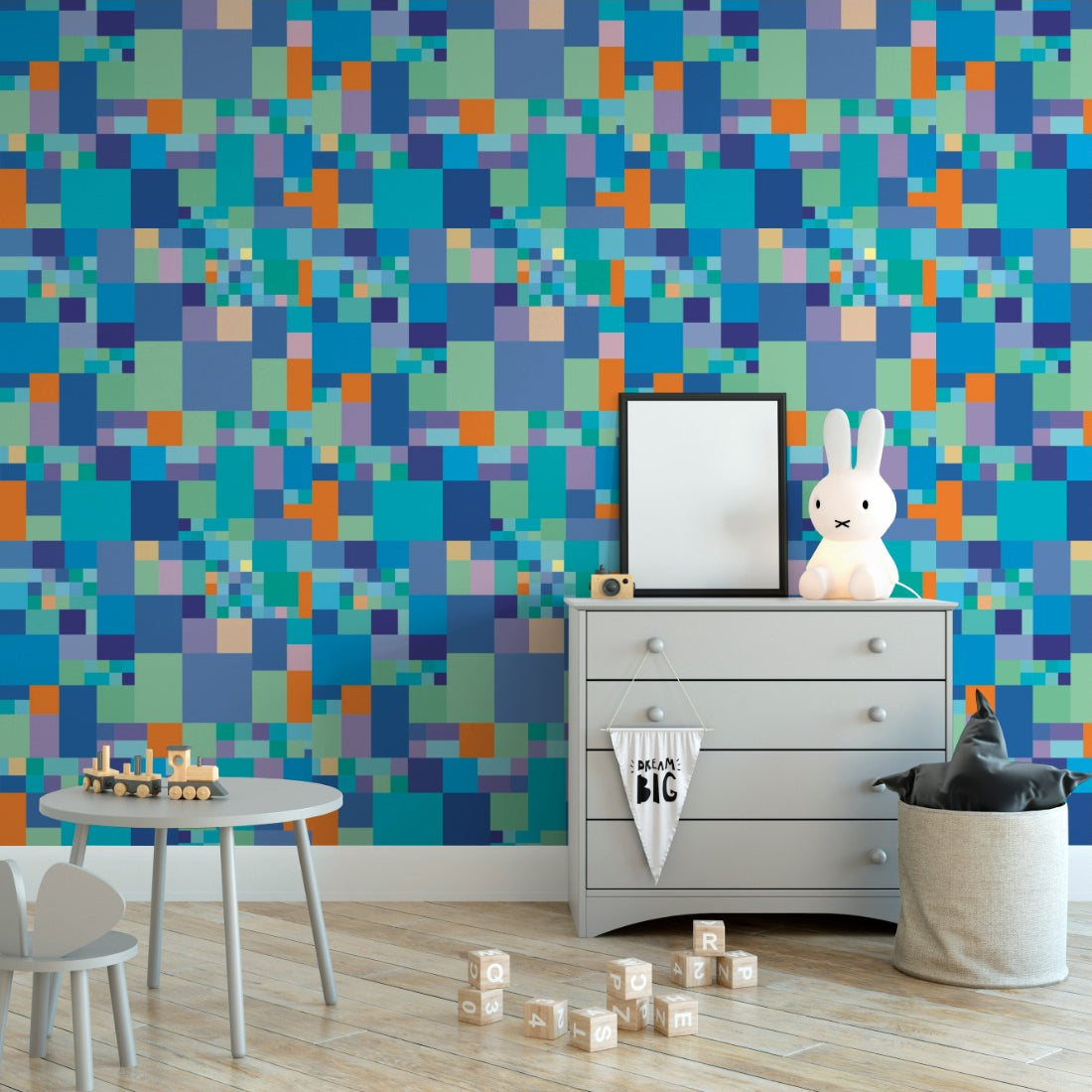 Multi-coloured squares Geometric Pattern wallpaper in a nursery - Pickawall