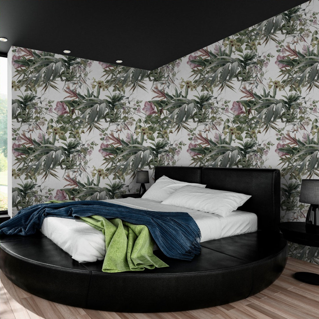 Watercolour Leaves and Pink floral wallpaper in a bedroom - Pickawall