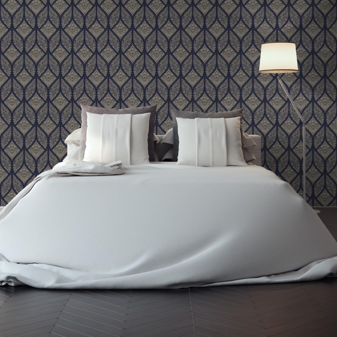 Navy and Gold Luxe Pattern wallpaper in a bedroom - Pickawall
