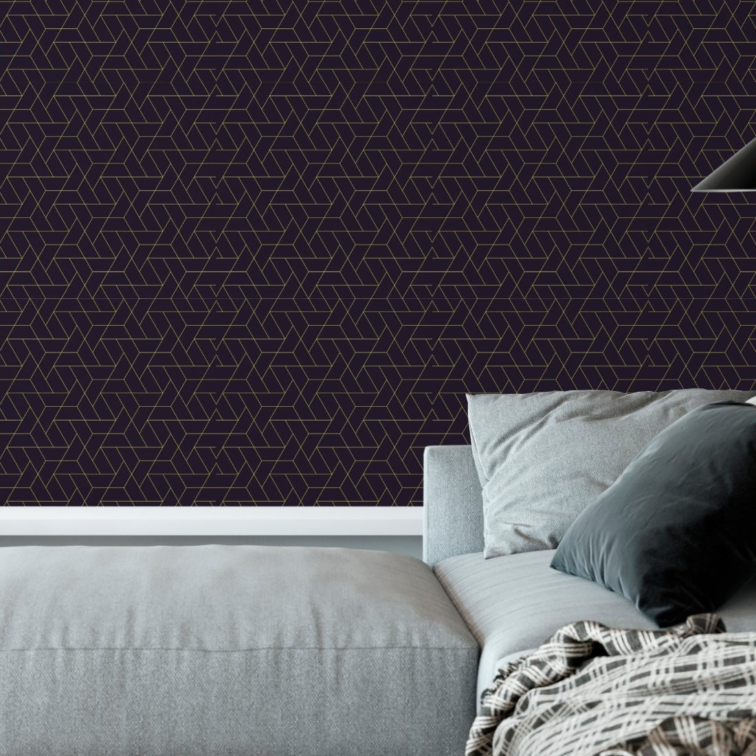 Geometric Grid design purple and gold wallpaper in a living room - Pickawall
