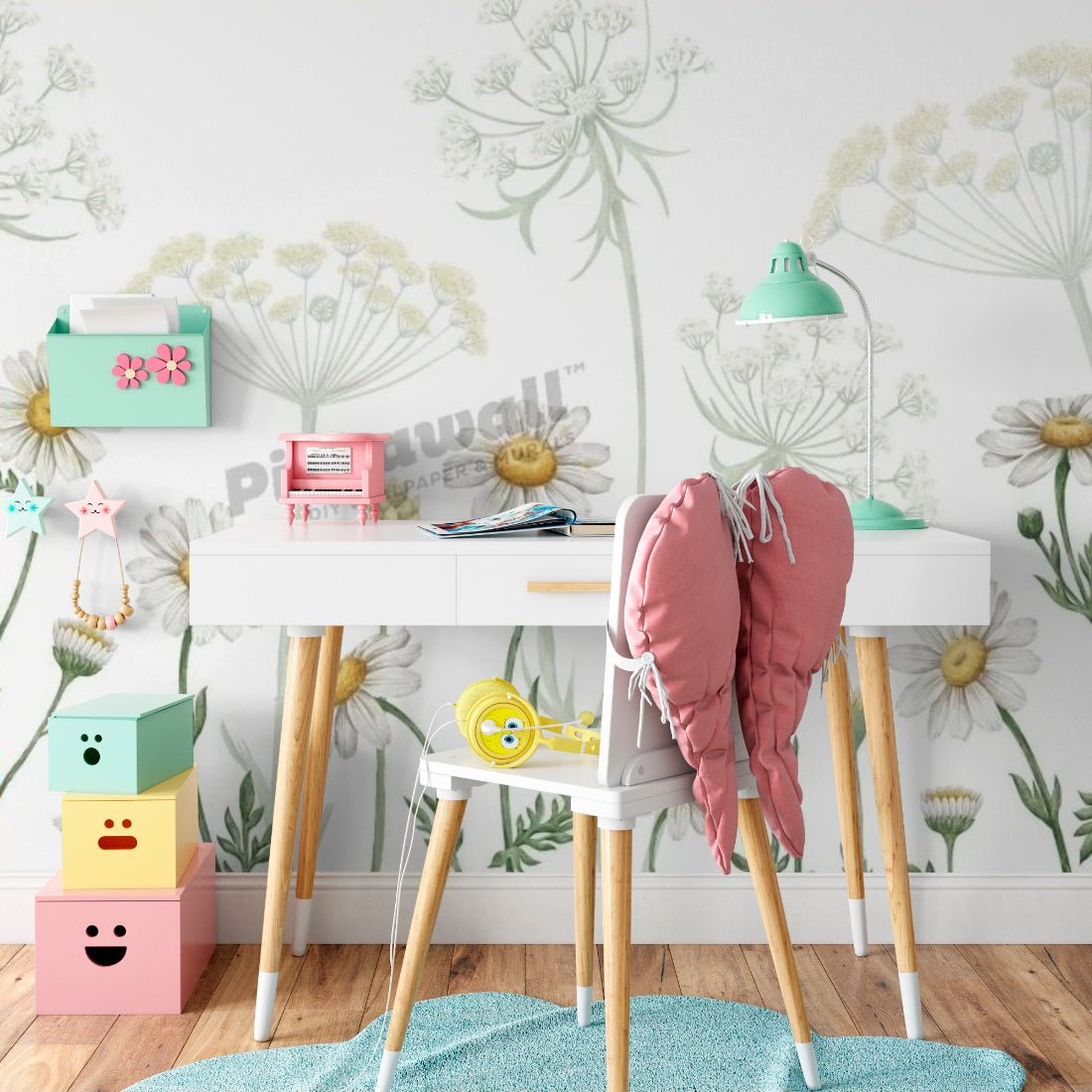 Dazzling Daisies White by Sir Edward wallpaper in a kids study nook - Pickawall