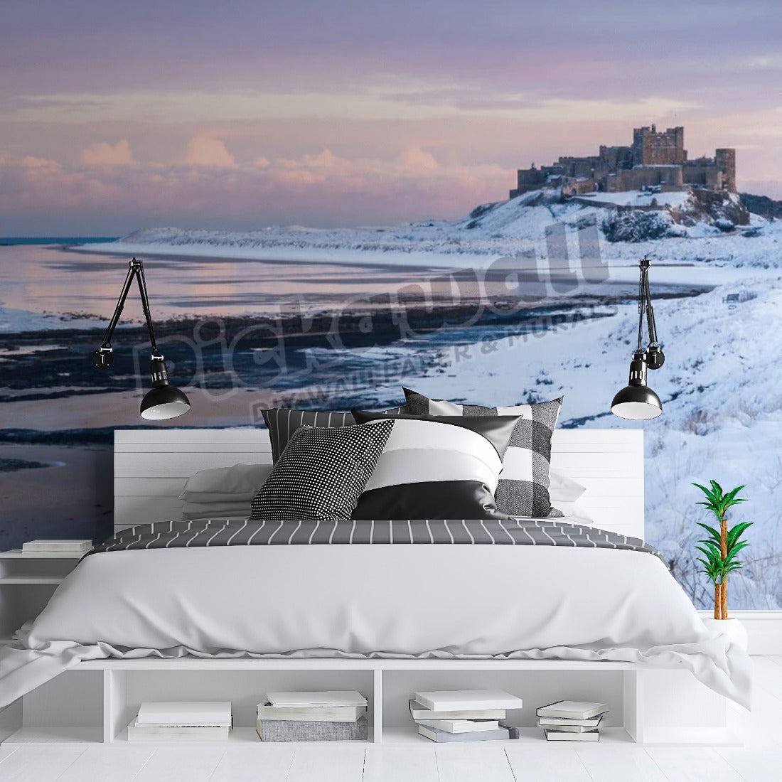 Snow covered winter scene at sunset, Bamburgh castle, YK wallpaper in a bedroom - Pickawall