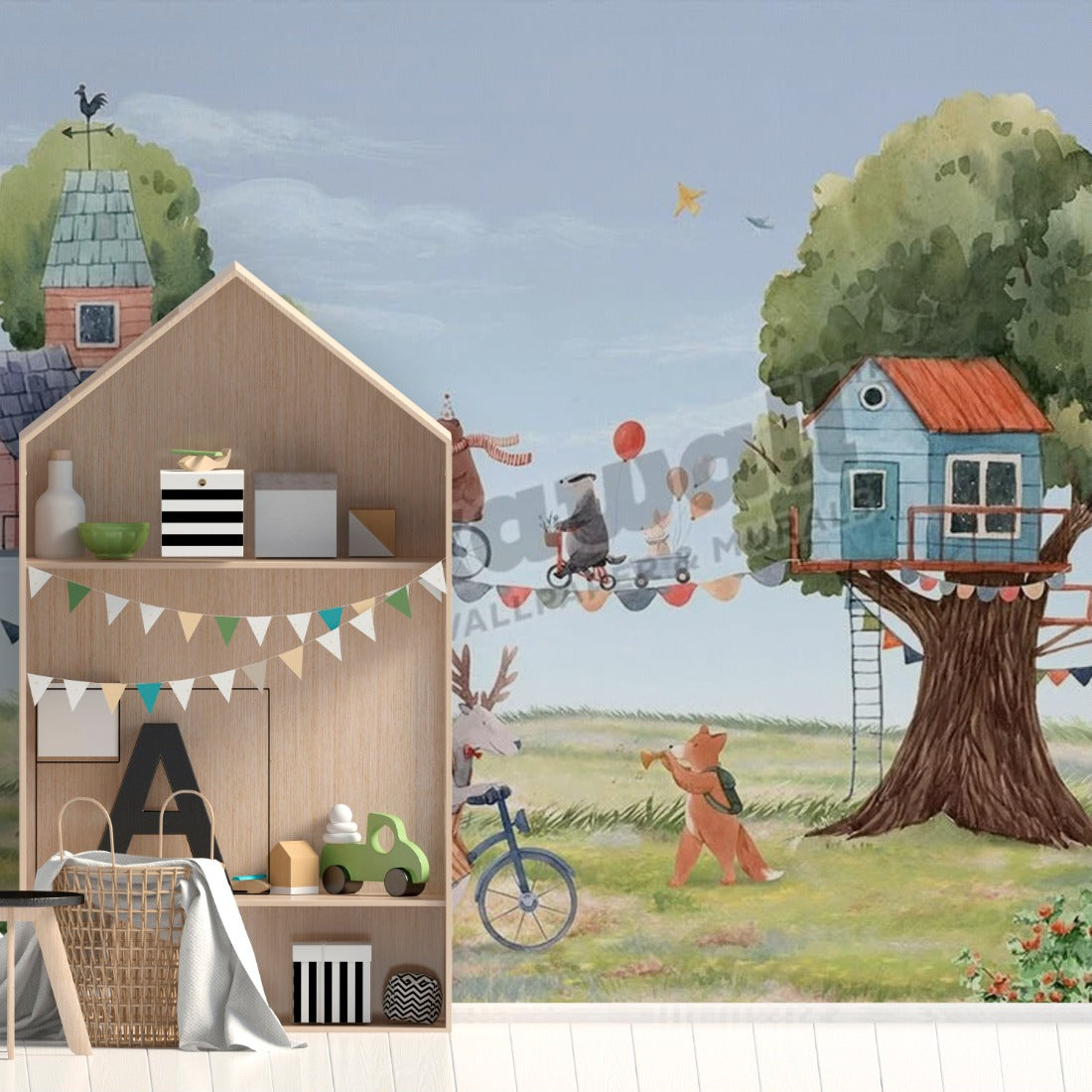 Treehouse Party by Oliver Robins wallpaper in a playroom - Pickawall