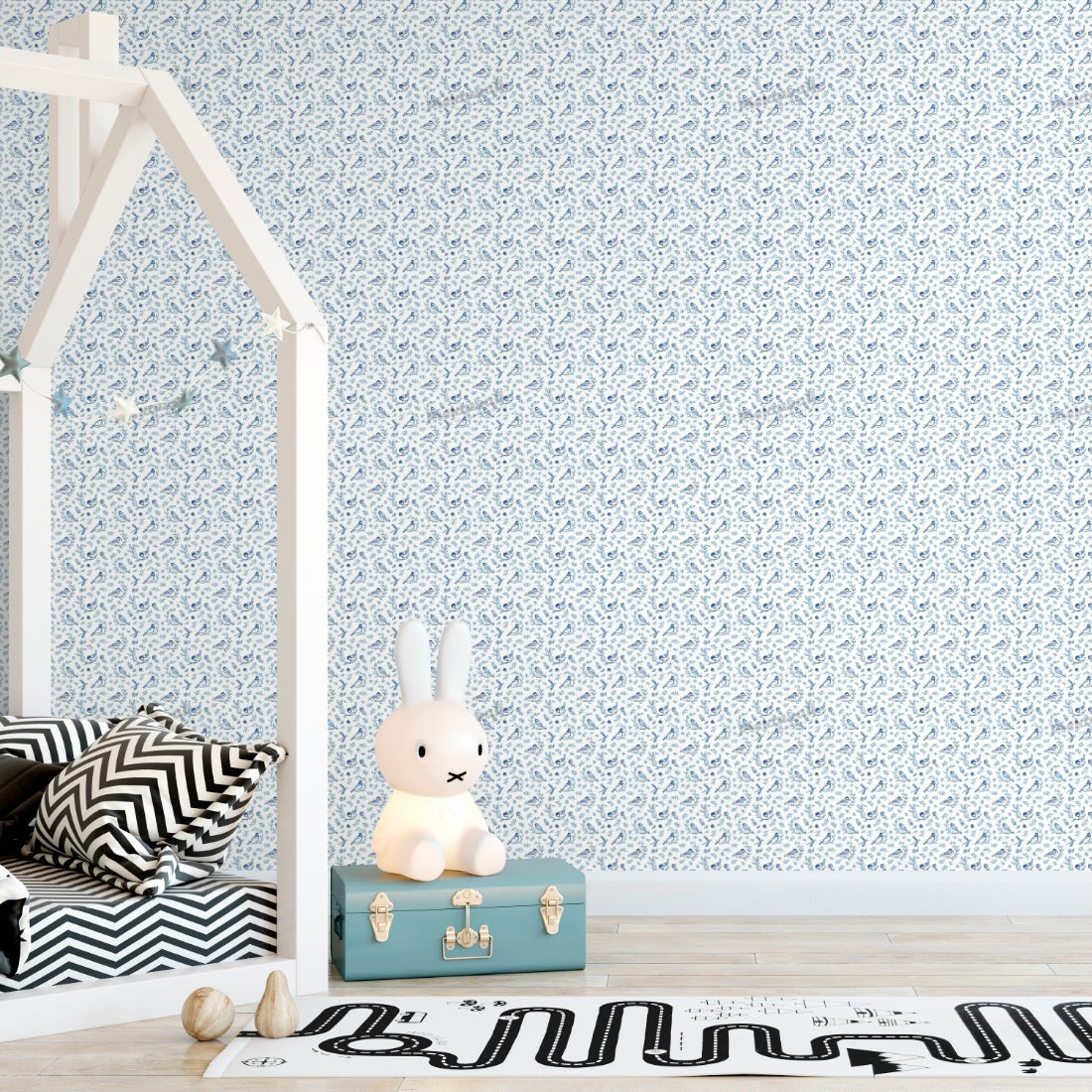 Blue Birds Pattern wallpaper in a kids bedroom - Pickawall