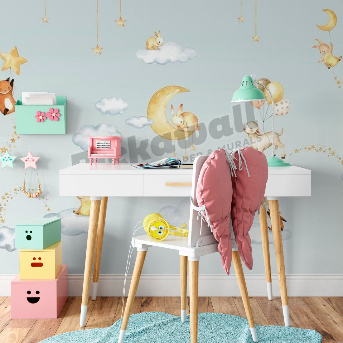 Sweet Dreams Blue by Oliver Robins wallpaper in a kids study nook - Pickawall