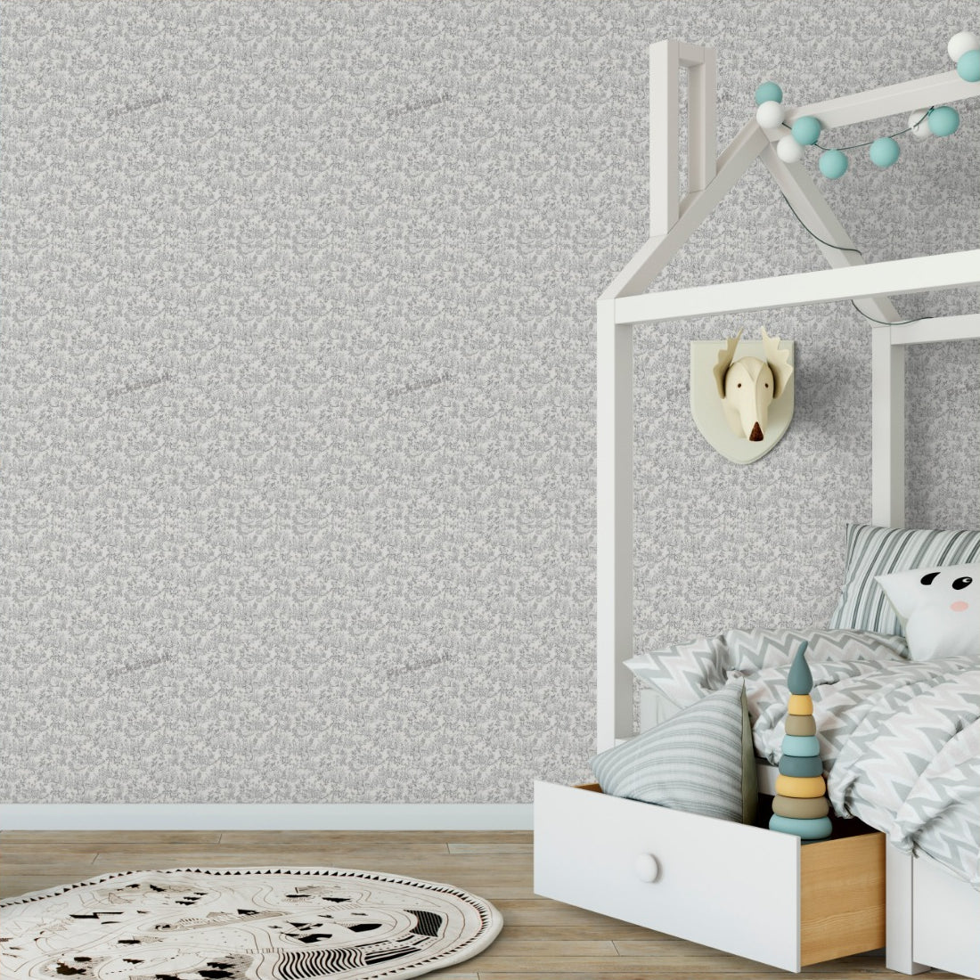 Forest Friends Sketch Pattern Black and White wallpaper in a kids bedroom - Pickawall