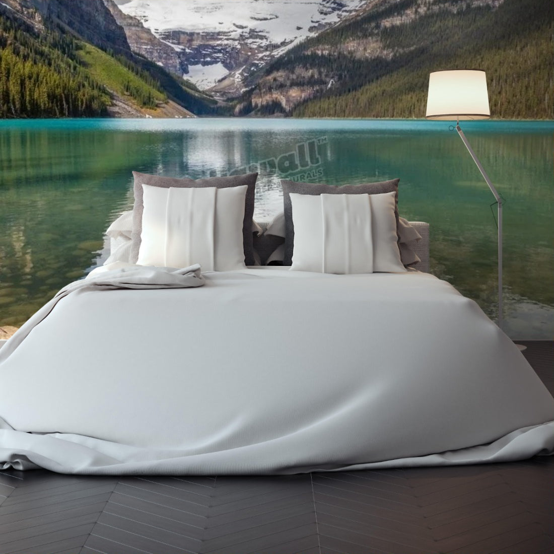 Lake by mountains reflection wallpaper in a bedroom - Pickawall