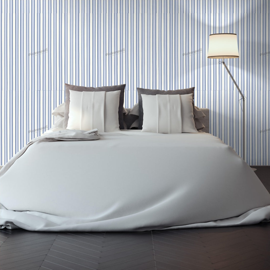 Celia Love Cream Dark Blue Ice Blue Stripe wallpaper in a bedroom - Pickawall