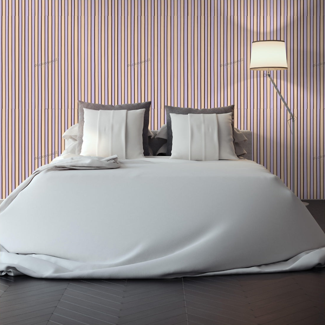 Celia Love Lilac Shiraz Peach Stripe wallpaper in a bedroom - Pickawall
