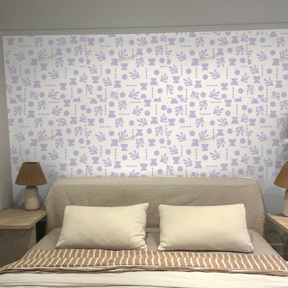 Celia Loves Shapes Cream Lilac Wallpaper wallpaper in a bedroom - Pickawall