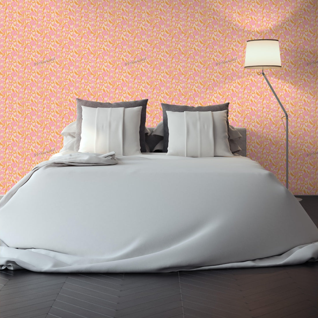 Orange and Pink Flower Vine Pattern wallpaper in a bedroom - Pickawall