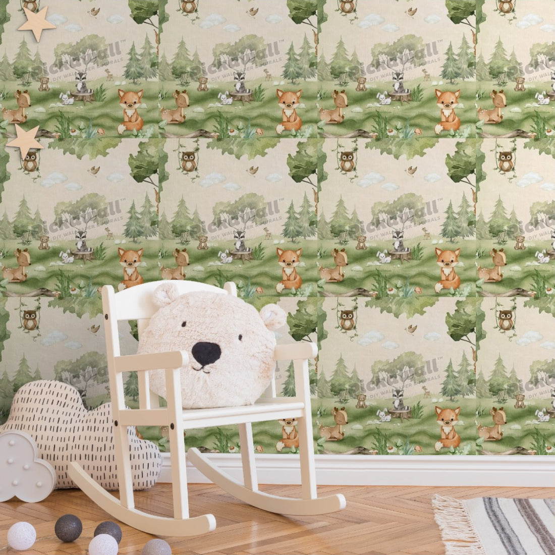 Woodland by Kikki Belle wallpaper in a nursery - Pickawall