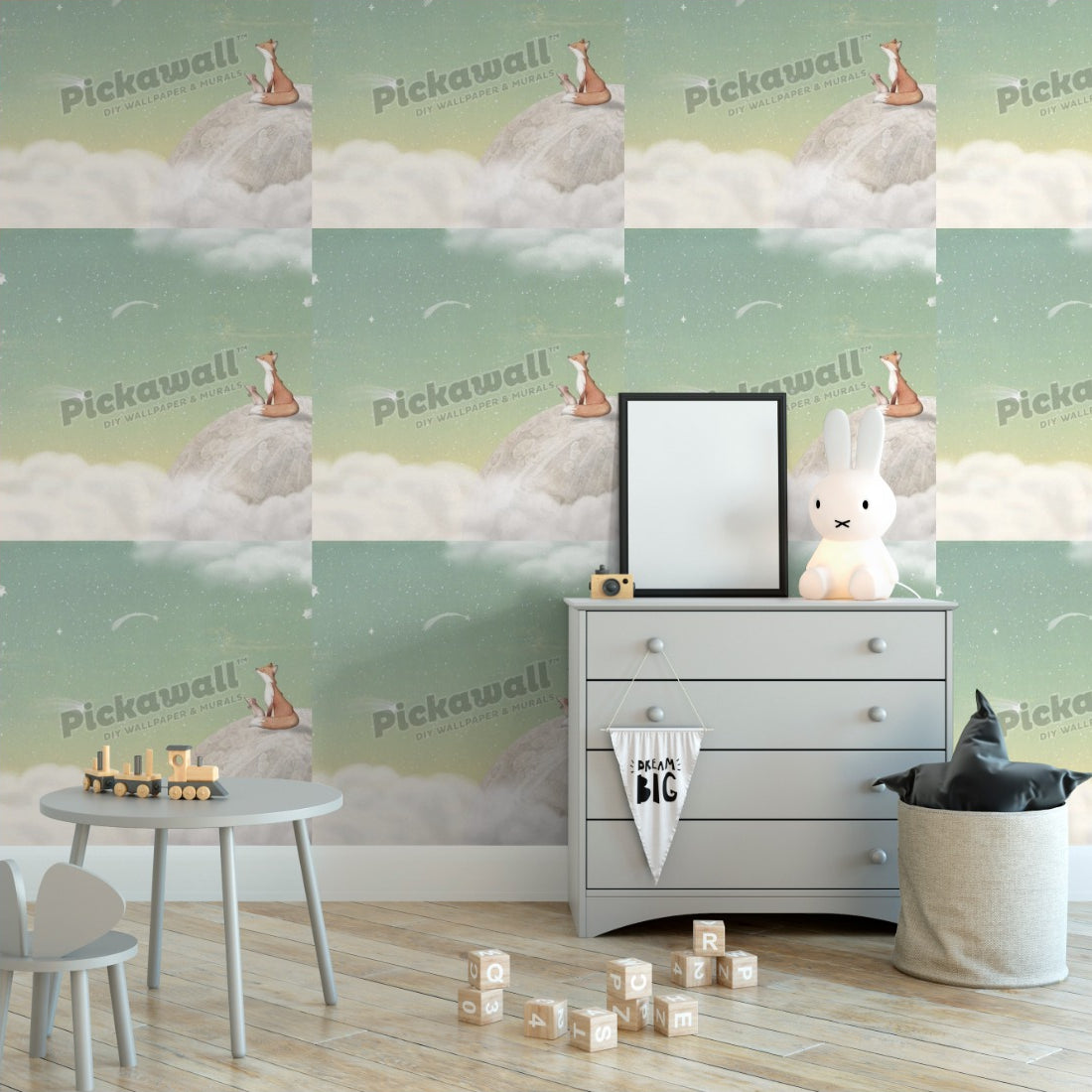 Fox on the Moon by Kikki Belle wallpaper in a nursery - Pickawall