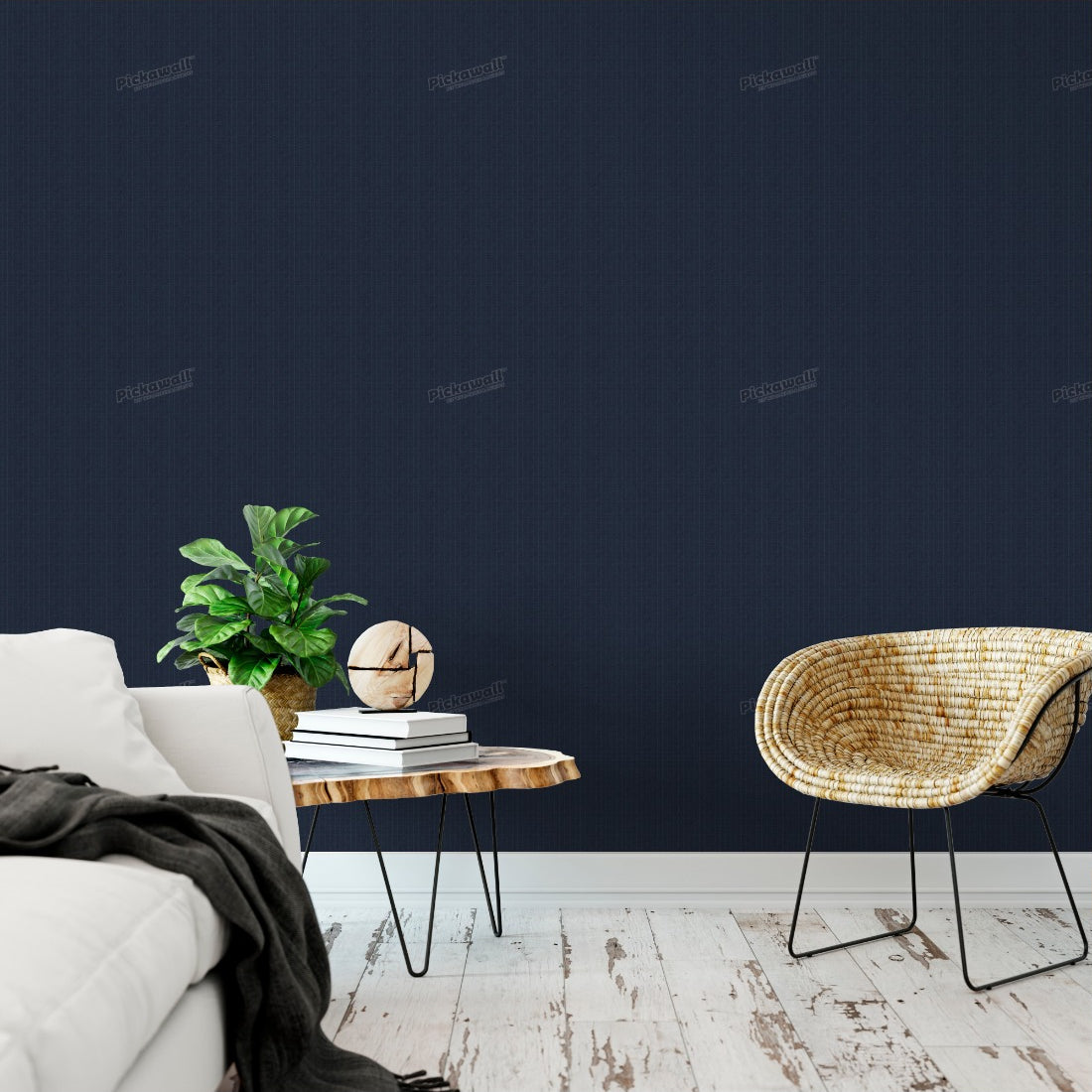 Navy Linen Pinstripe wallpaper in a living room - Pickawall