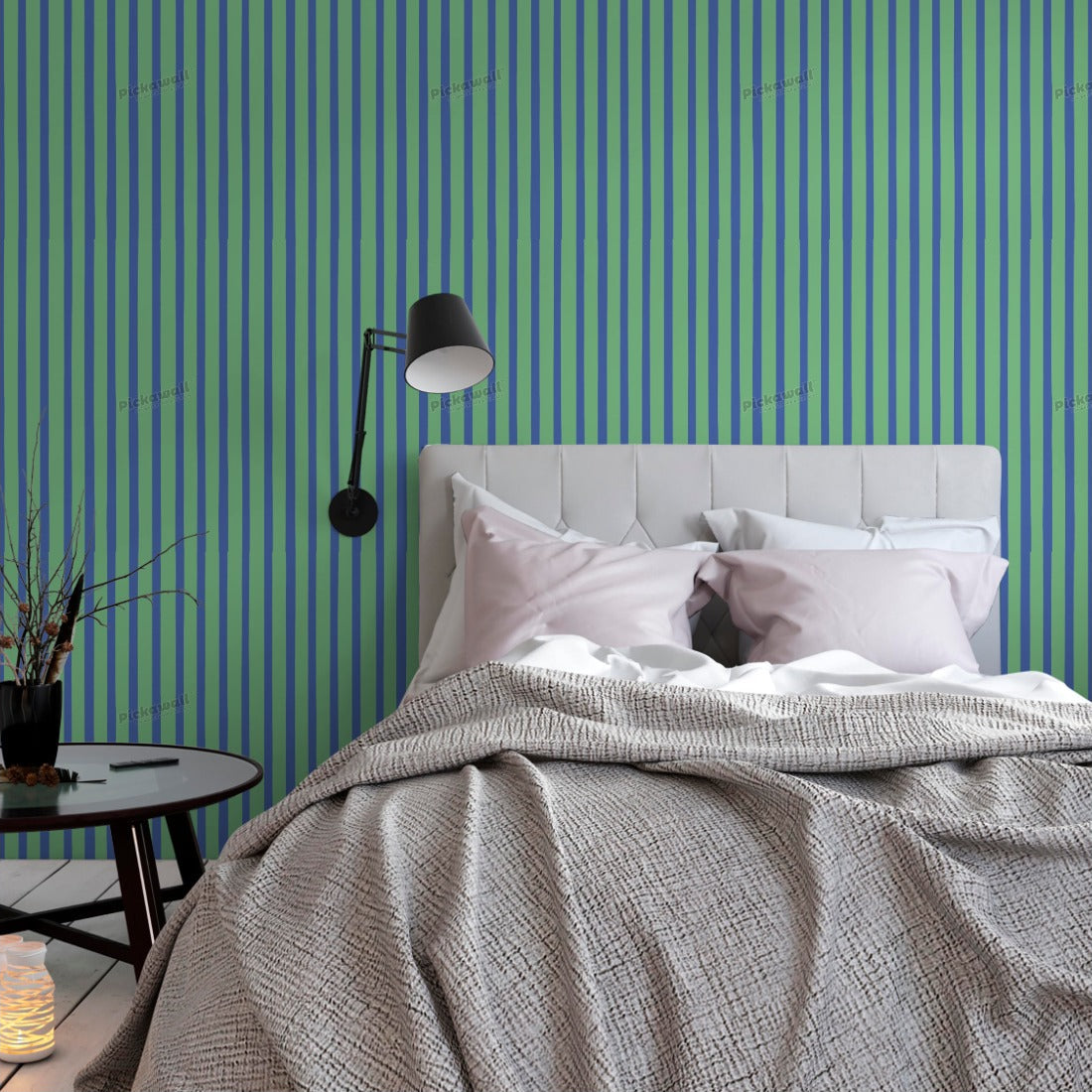 Cobalt Blue Line Stripes wallpaper in a bedroom - Pickawall