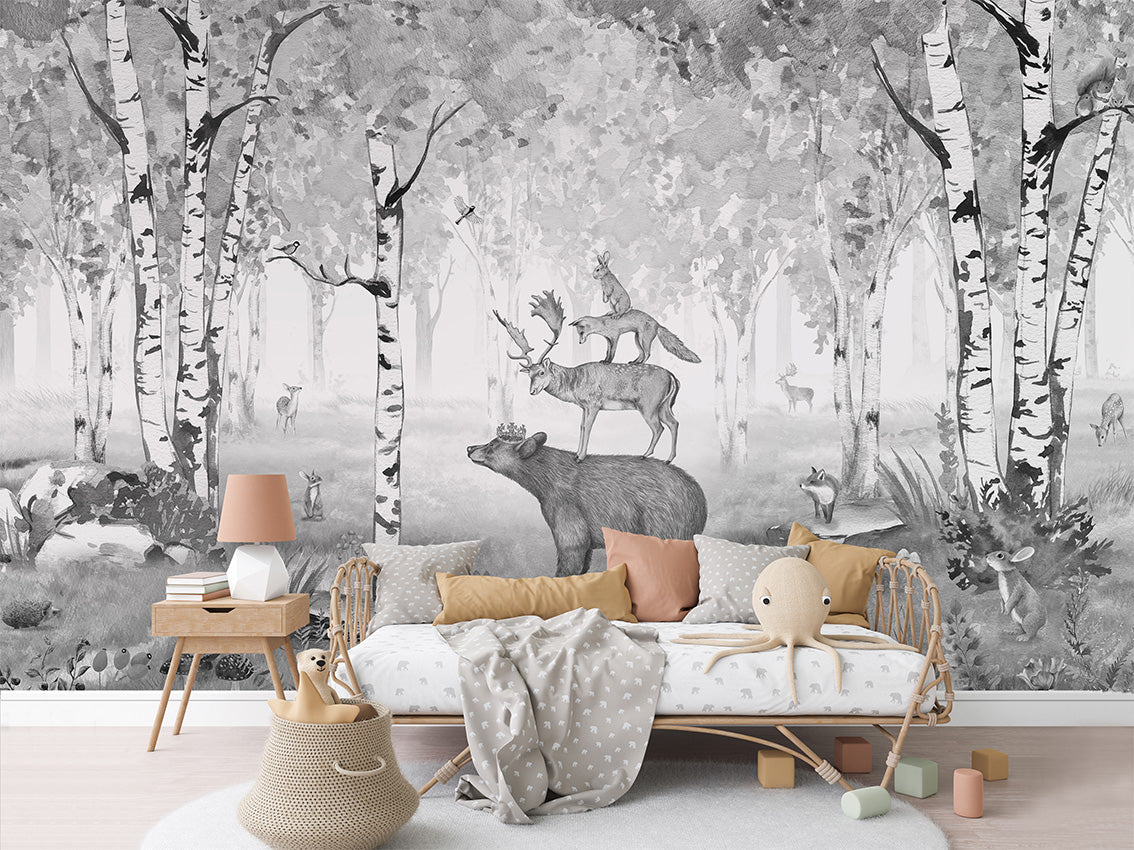 Bear King Black and White by Kikki Belle wallpaper room view - Pickawall