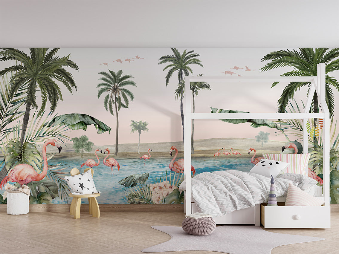 Flamingo Oasis by Kikki Belle wallpaper room view - Pickawall