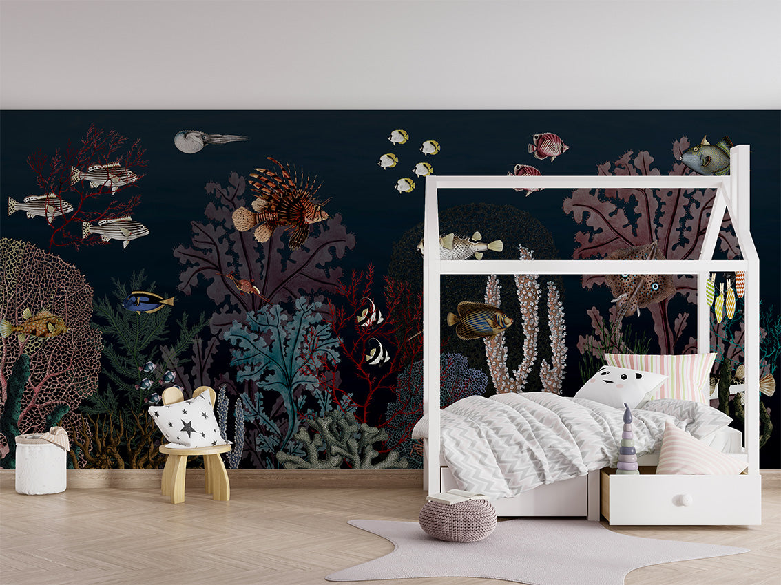 Roaring Reef Deep Blue by Sir Edward wallpaper room view - Pickawall