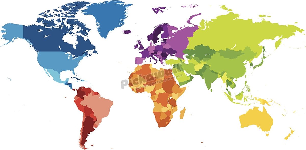 World map with different colored continents - Pickawall